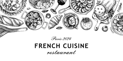 French food banner design. Vintage food and wine sketches. European cuisine restaurant menu template. France background. Hand-drawn vector illustration, NOT AI generated